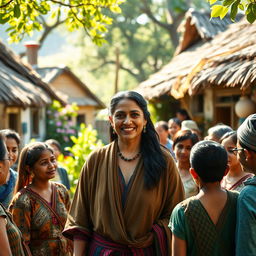 In the center of a quaint, rustic village, a woman named Maya stands gracefully, engaging with a diverse group of villagers
