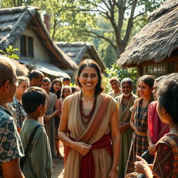 In the center of a quaint, rustic village, a woman named Maya stands gracefully, engaging with a diverse group of villagers
