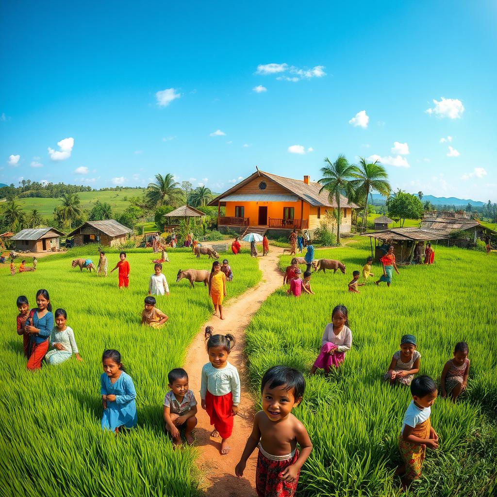 A picturesque wide view of a vibrant village, filled with happy people engaging in activities, surrounded by lush green fields under a clear blue sky