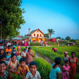 A picturesque wide view of a vibrant village, filled with happy people engaging in activities, surrounded by lush green fields under a clear blue sky