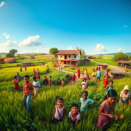 A picturesque wide view of a vibrant village, filled with happy people engaging in activities, surrounded by lush green fields under a clear blue sky