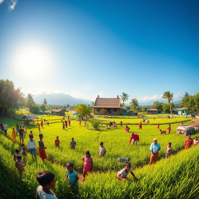 A picturesque wide view of a vibrant village, filled with happy people engaging in activities, surrounded by lush green fields under a clear blue sky