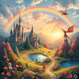 A magical fairytale world filled with enchanting landscapes, vibrant flowers, and whimsical creatures