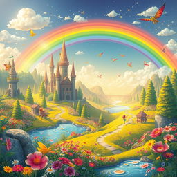 A magical fairytale world filled with enchanting landscapes, vibrant flowers, and whimsical creatures