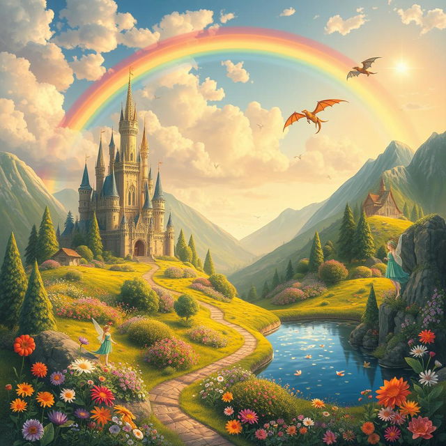 A magical fairytale world filled with enchanting landscapes, vibrant flowers, and whimsical creatures