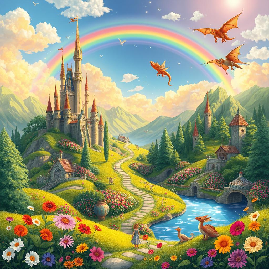 A magical fairytale world filled with enchanting landscapes, vibrant flowers, and whimsical creatures