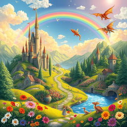 A magical fairytale world filled with enchanting landscapes, vibrant flowers, and whimsical creatures