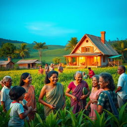 A picturesque village scene showcasing happy people interacting joyfully amidst lush green fields