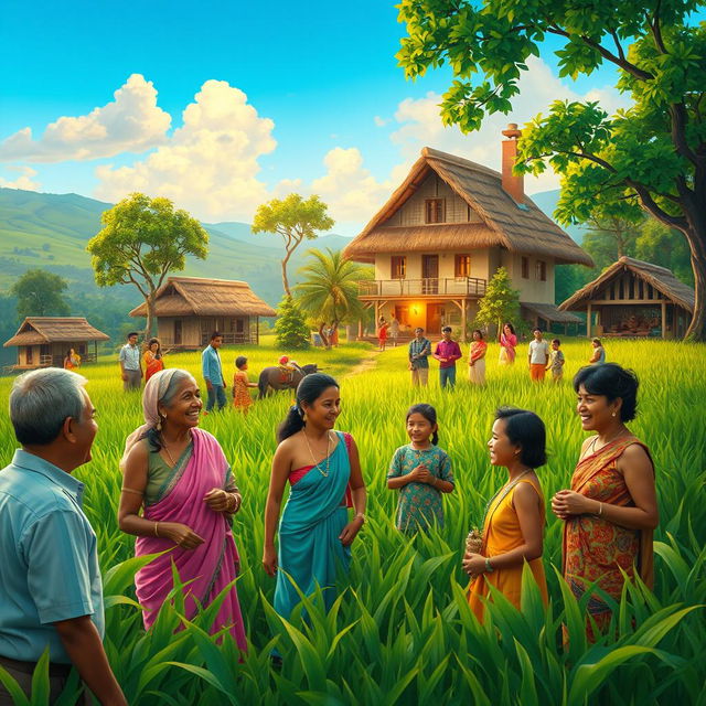 A picturesque village scene showcasing happy people interacting joyfully amidst lush green fields