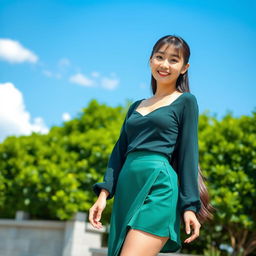 A young beautiful sexy Japanese woman standing outdoors in a vibrant, sunny environment with lush greenery in the background