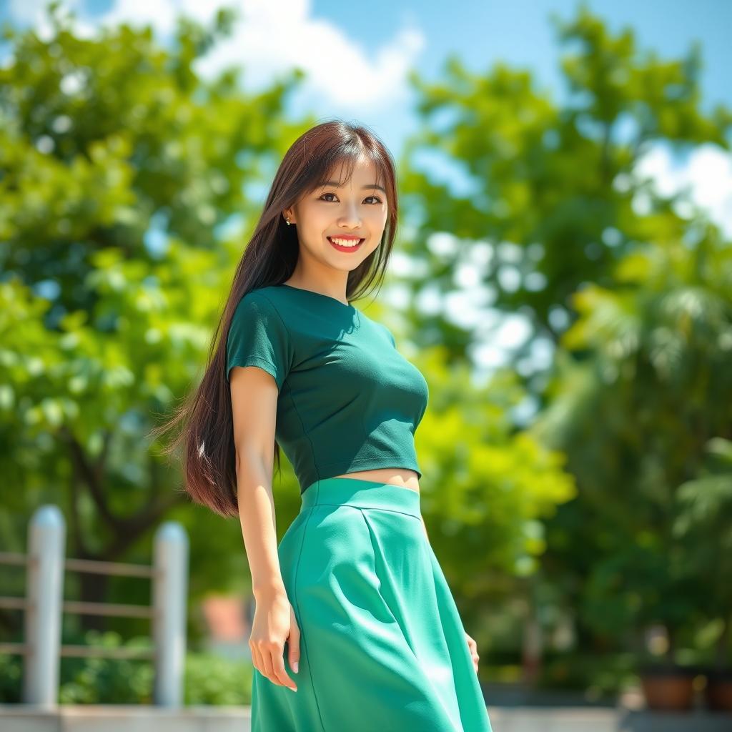 A young beautiful sexy Japanese woman standing outdoors in a vibrant, sunny environment with lush greenery in the background