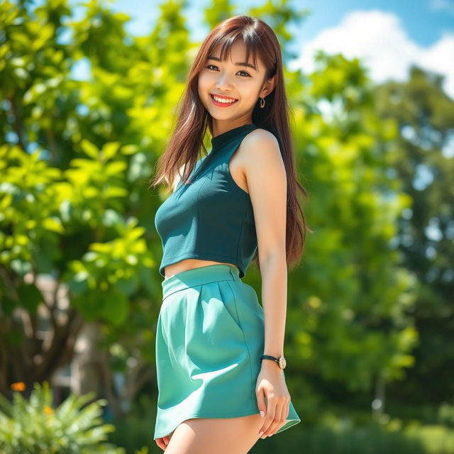 A young beautiful sexy Japanese woman standing outdoors in a vibrant, sunny environment with lush greenery in the background