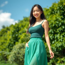 A young beautiful sexy Japanese woman standing outdoors in a vibrant, sunny environment with lush greenery in the background