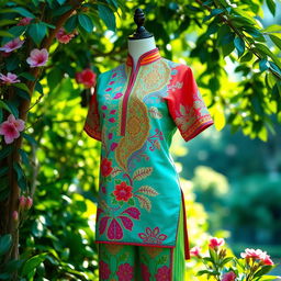 A vibrant and artistic depiction of a traditional baju, a Malaysian garment, adorned with bright colors and intricate patterns