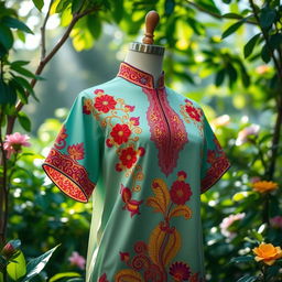 A vibrant and artistic depiction of a traditional baju, a Malaysian garment, adorned with bright colors and intricate patterns