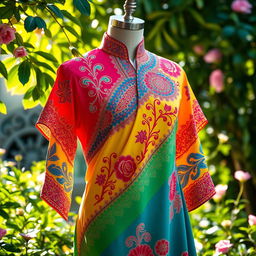 A vibrant and artistic depiction of a traditional baju, a Malaysian garment, adorned with bright colors and intricate patterns