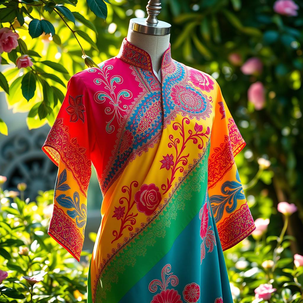 A vibrant and artistic depiction of a traditional baju, a Malaysian garment, adorned with bright colors and intricate patterns
