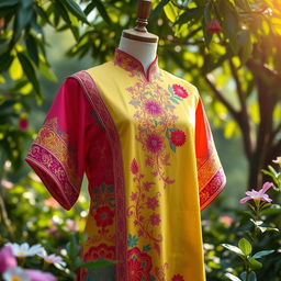 A vibrant and artistic depiction of a traditional baju, a Malaysian garment, adorned with bright colors and intricate patterns