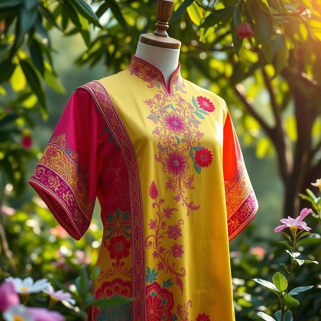 A vibrant and artistic depiction of a traditional baju, a Malaysian garment, adorned with bright colors and intricate patterns