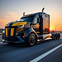 An innovative Chevrolet Camaro-inspired semi-truck, featuring bold, aerodynamic design elements reminiscent of the iconic Camaro sports car