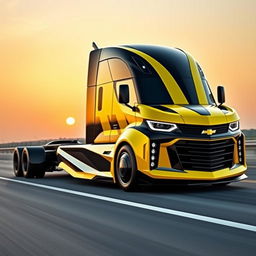 An innovative Chevrolet Camaro-inspired semi-truck, featuring bold, aerodynamic design elements reminiscent of the iconic Camaro sports car