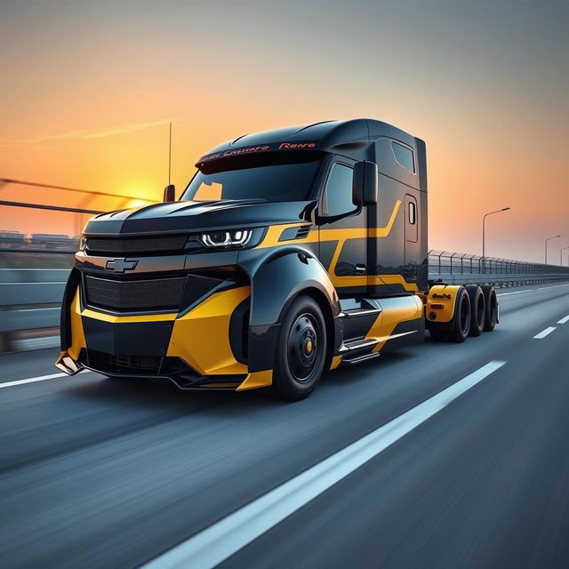 An innovative Chevrolet Camaro-inspired semi-truck, featuring bold, aerodynamic design elements reminiscent of the iconic Camaro sports car