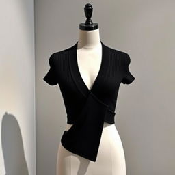 A stylish black crop baju wanita with a V-neck collar, crafted from luxurious knitted fiber