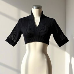 A stylish black crop baju wanita with a V-neck collar, crafted from luxurious knitted fiber