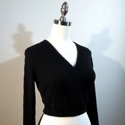 A stylish black crop baju wanita with a V-neck collar, crafted from luxurious knitted fiber