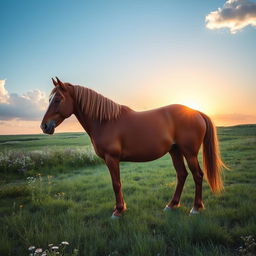 A majestic and powerful horse named Arthur, standing proudly in a lush green meadow