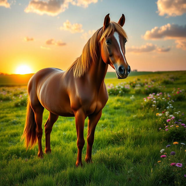 A majestic and powerful horse named Arthur, standing proudly in a lush green meadow