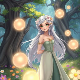 An original character (OC) illustration featuring an elegantly dressed young woman in a fantasy setting