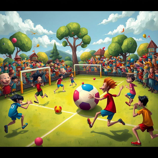 An abstract depiction of a whimsical sport called 'foolboll', featuring a vibrant, chaotic scene with colorful players in exaggerated poses playing with an oversized, cartoonish ball