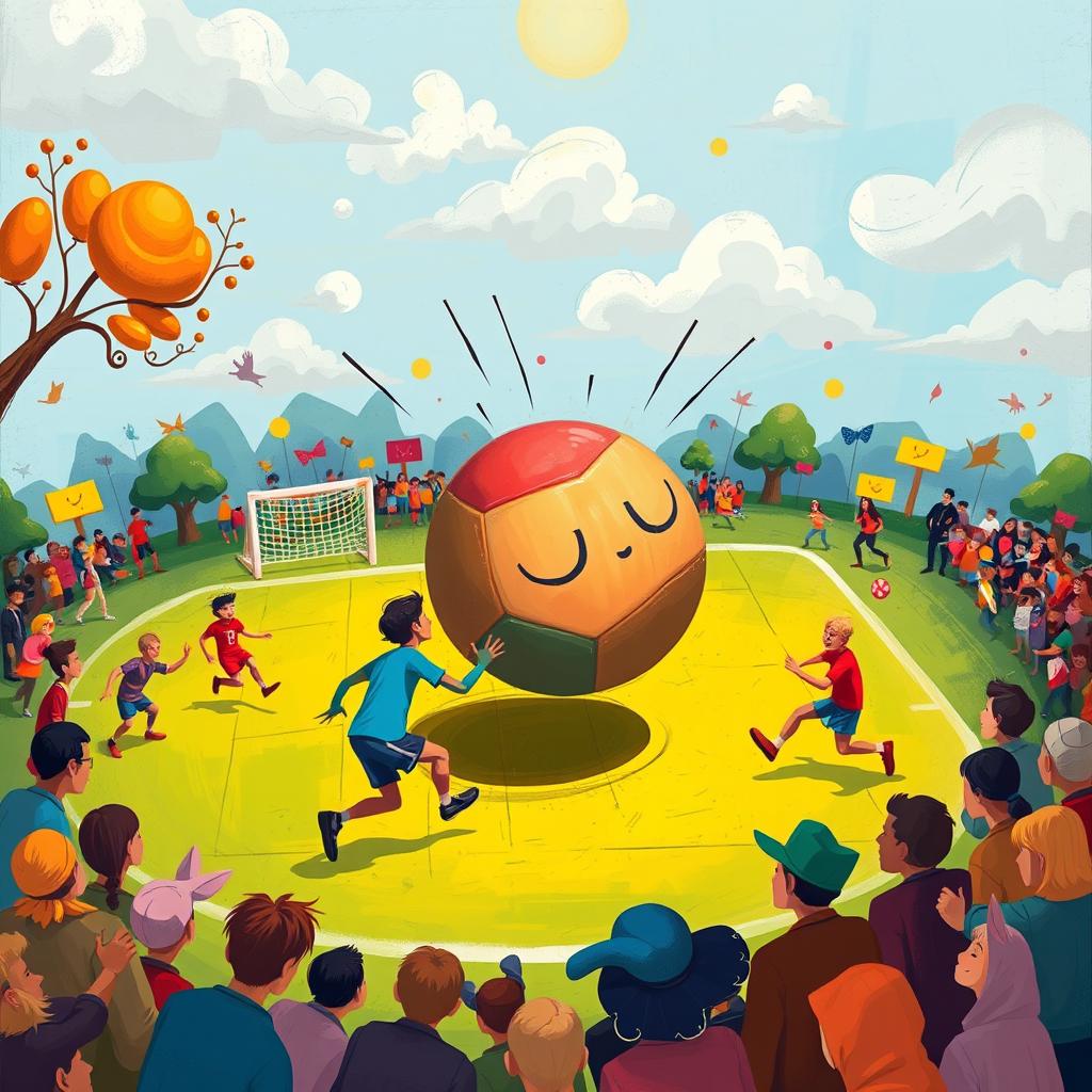 An abstract depiction of a whimsical sport called 'foolboll', featuring a vibrant, chaotic scene with colorful players in exaggerated poses playing with an oversized, cartoonish ball