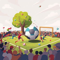 An abstract depiction of a whimsical sport called 'foolboll', featuring a vibrant, chaotic scene with colorful players in exaggerated poses playing with an oversized, cartoonish ball