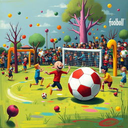 An abstract depiction of a whimsical sport called 'foolboll', featuring a vibrant, chaotic scene with colorful players in exaggerated poses playing with an oversized, cartoonish ball