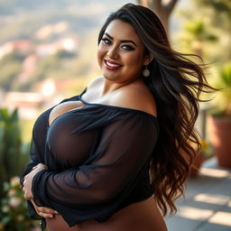 A voluptuous woman with large breasts, confidently posing in a stylish and elegant manner, showcasing her curves