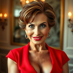 A gorgeous and confident 60-year-old woman, facing the camera directly with a flirtatious and provocative expression