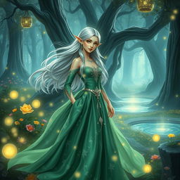 A beautiful and enchanting fantasy scene featuring the character Ramdina, a graceful elf with flowing silver hair and striking green eyes