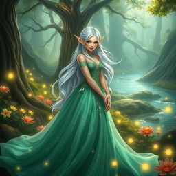 A beautiful and enchanting fantasy scene featuring the character Ramdina, a graceful elf with flowing silver hair and striking green eyes
