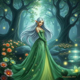 A beautiful and enchanting fantasy scene featuring the character Ramdina, a graceful elf with flowing silver hair and striking green eyes