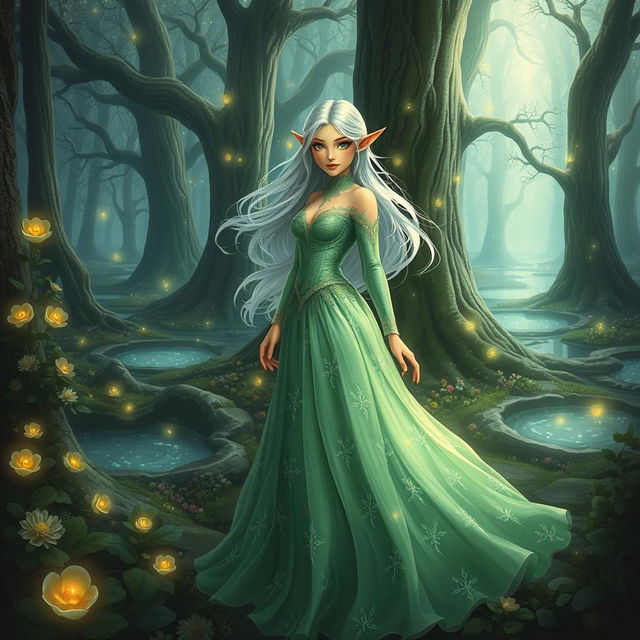 A beautiful and enchanting fantasy scene featuring the character Ramdina, a graceful elf with flowing silver hair and striking green eyes