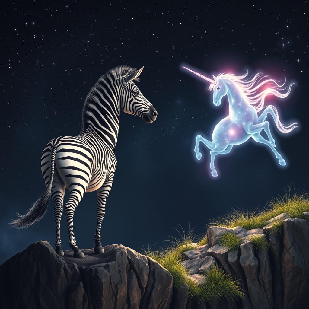 A striped zebra stands majestically on a cliffside, gazing towards a radiant, glowing unicorn with a spiraling horn