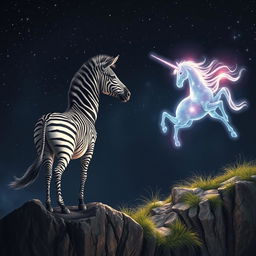 A striped zebra stands majestically on a cliffside, gazing towards a radiant, glowing unicorn with a spiraling horn