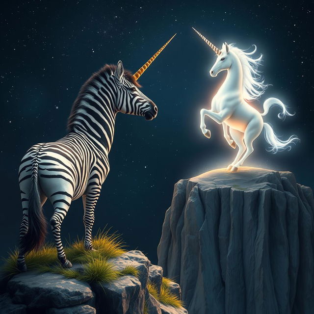 A striped zebra stands majestically on a cliffside, gazing towards a radiant, glowing unicorn with a spiraling horn