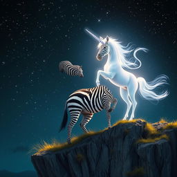 A striped zebra stands majestically on a cliffside, gazing towards a radiant, glowing unicorn with a spiraling horn