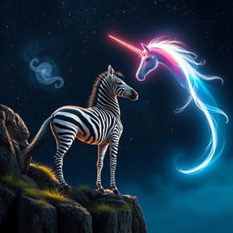 A striped zebra stands majestically on a cliffside, gazing towards a radiant, glowing unicorn with a spiraling horn