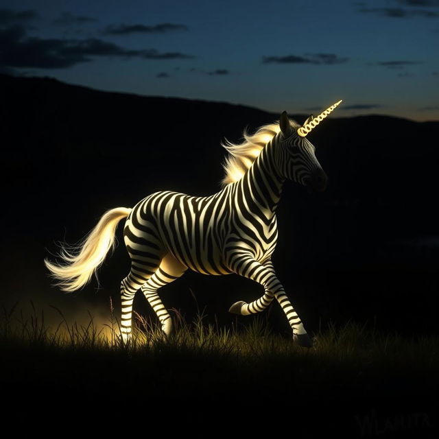 A hybrid zebra-unicorn, featuring a majestic combination of a striped zebra's body and a glowing, radiant unicorn horn, gallops gracefully across a shadowy meadow