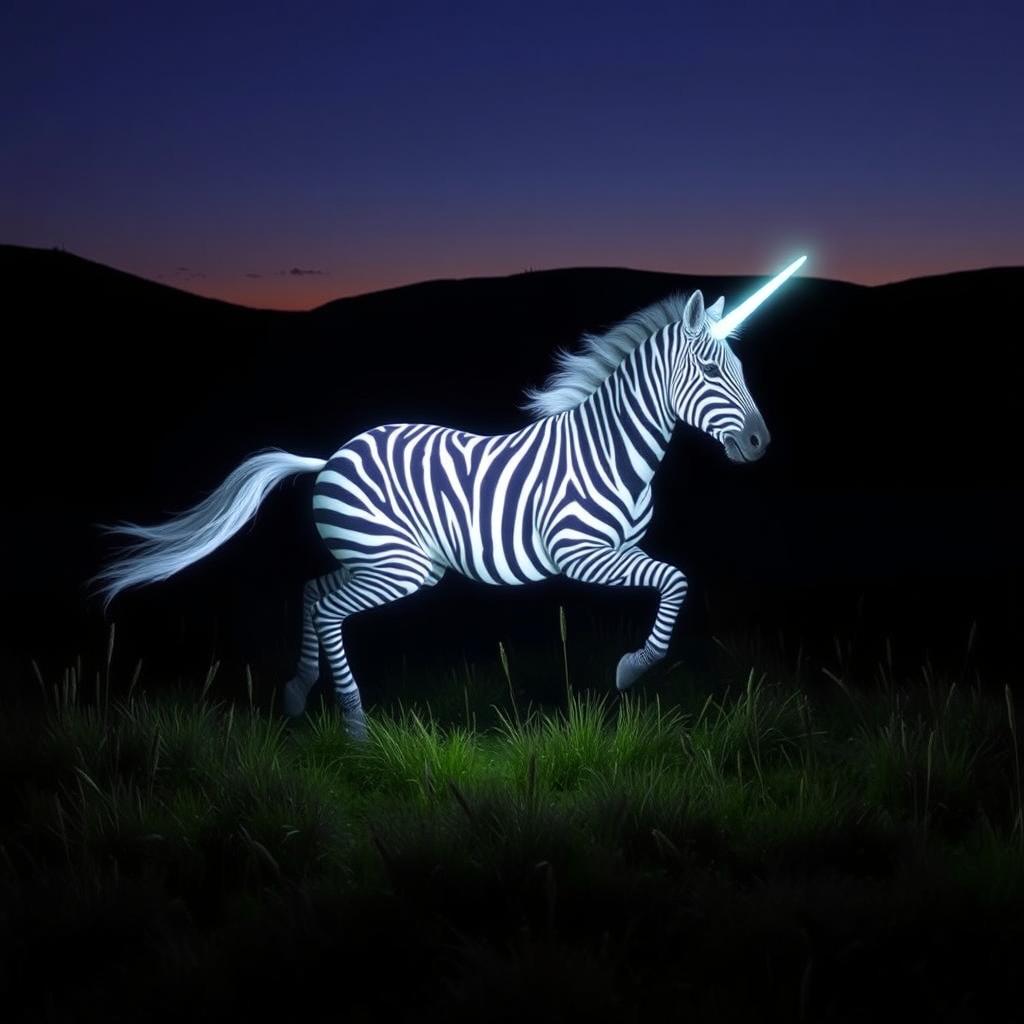 A hybrid zebra-unicorn, featuring a majestic combination of a striped zebra's body and a glowing, radiant unicorn horn, gallops gracefully across a shadowy meadow