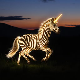 A hybrid zebra-unicorn, featuring a majestic combination of a striped zebra's body and a glowing, radiant unicorn horn, gallops gracefully across a shadowy meadow